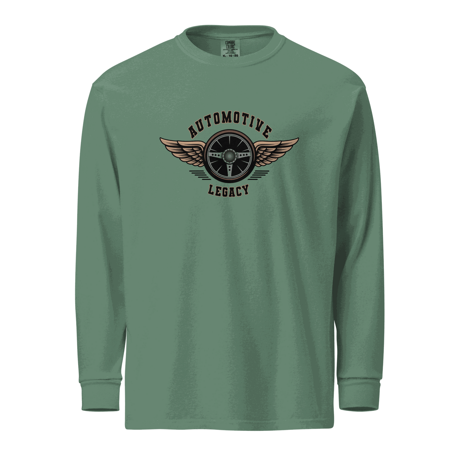 Green Automotive Legacy long sleeve shirt with winged steering wheel logo, heavyweight cotton, relaxed fit, garment-dyed and pre-shrunk design