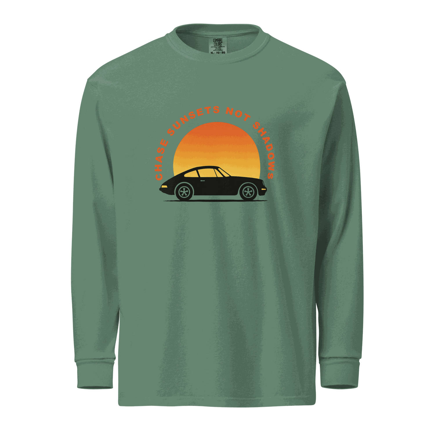 Green garment-dyed long sleeve shirt with vintage car and sunset graphic, heavyweight cotton, relaxed fit