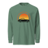 Green garment-dyed long sleeve shirt with vintage car and sunset graphic, heavyweight cotton, relaxed fit