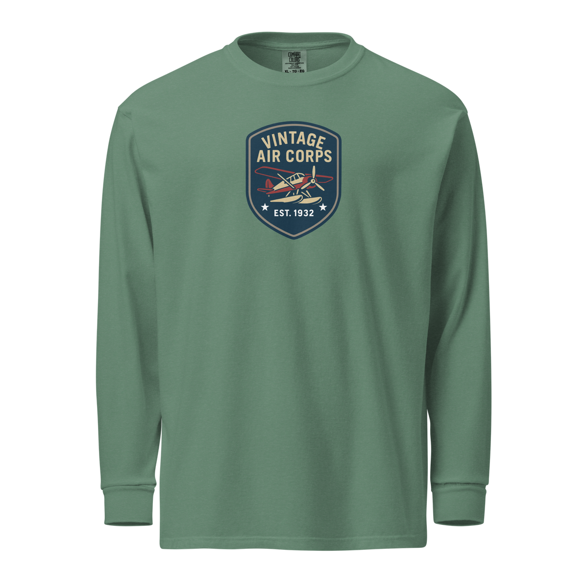 Vintage Aviation Long Sleeve Shirt with retro airplane graphic and relaxed fit in soft green cotton