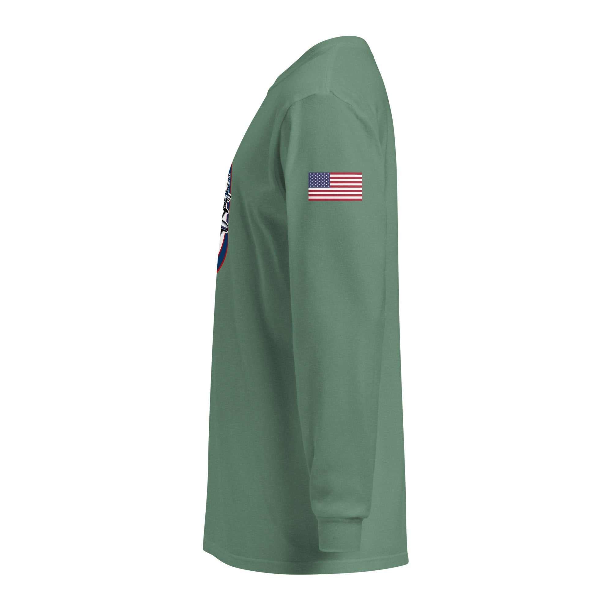 USA Plane 1 unisex garment-dyed long sleeve shirt with American flag patch on sleeve in green heavyweight cotton
