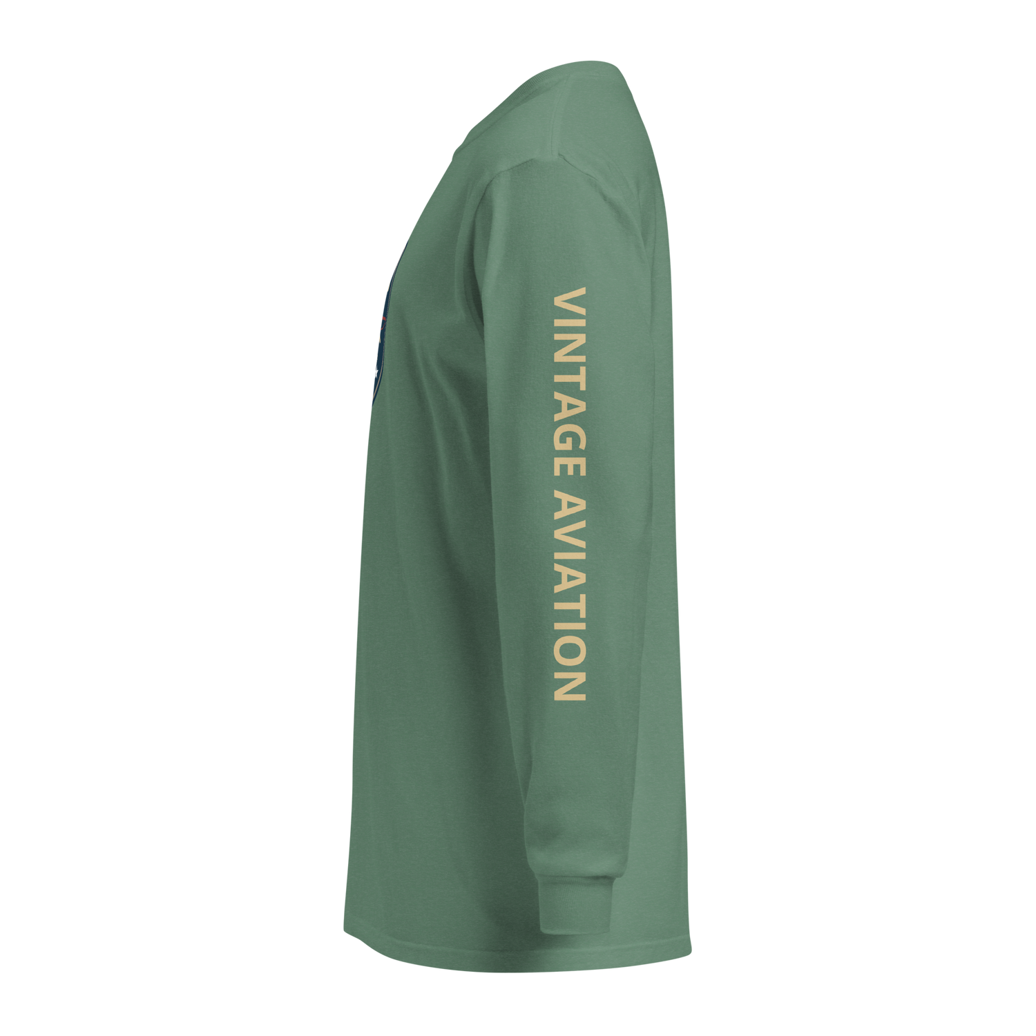 Vintage Aviation Long Sleeve Shirt in green with retro pilot graphic and "VINTAGE AVIATION" text on sleeve, soft cotton crew neck tee for airshows and casual wear