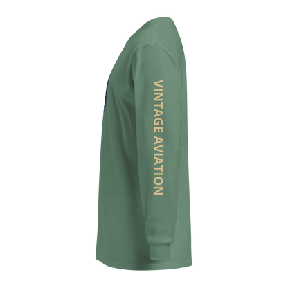 Vintage Aviation Long Sleeve Shirt in green with retro pilot graphic and "VINTAGE AVIATION" text on sleeve, soft cotton crew neck tee for airshows and casual wear