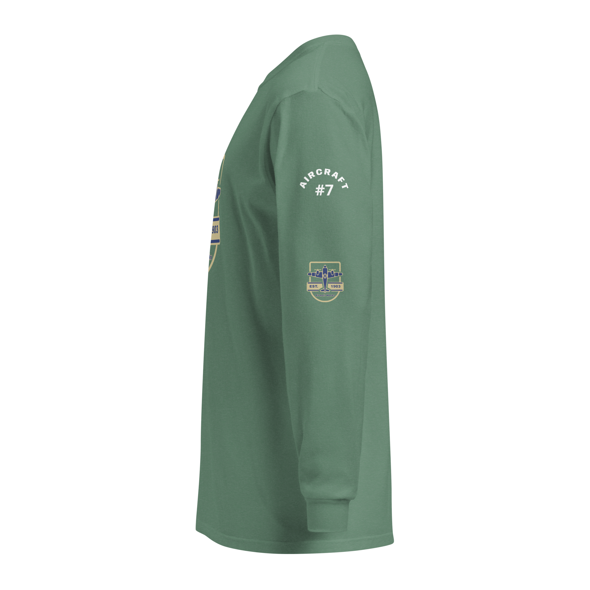 Side view of green Vintage Aviation long sleeve shirt with aircraft graphics on sleeve and comfortable relaxed fit