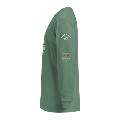 Side view of green Vintage Aviation long sleeve shirt with aircraft graphics on sleeve and comfortable relaxed fit