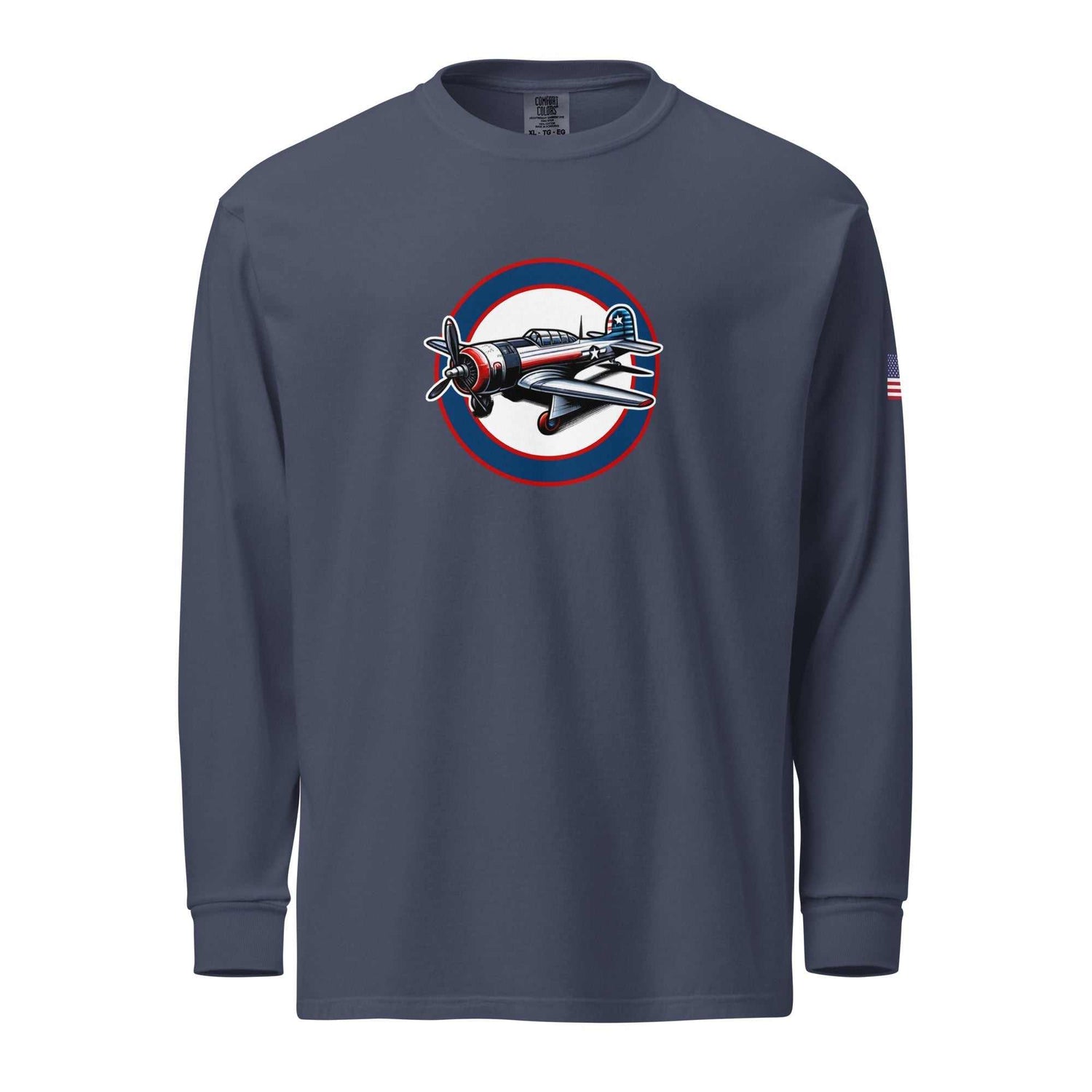 USA Plane 1 unisex navy long sleeve shirt with vintage airplane graphic and American flag on sleeve