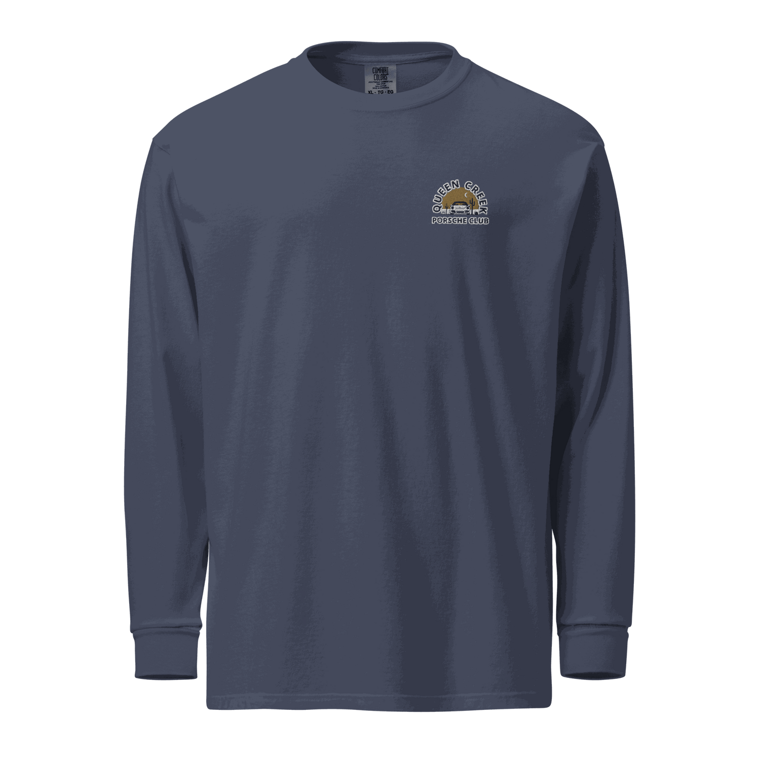 Queen Creek Porsche Club heavyweight long-sleeve shirt in navy blue, 100% cotton, garment-dyed with relaxed fit and rib cuffs