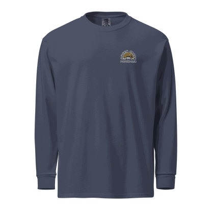 Queen Creek Porsche Club heavyweight long-sleeve shirt in navy blue, 100% cotton, garment-dyed with relaxed fit and rib cuffs