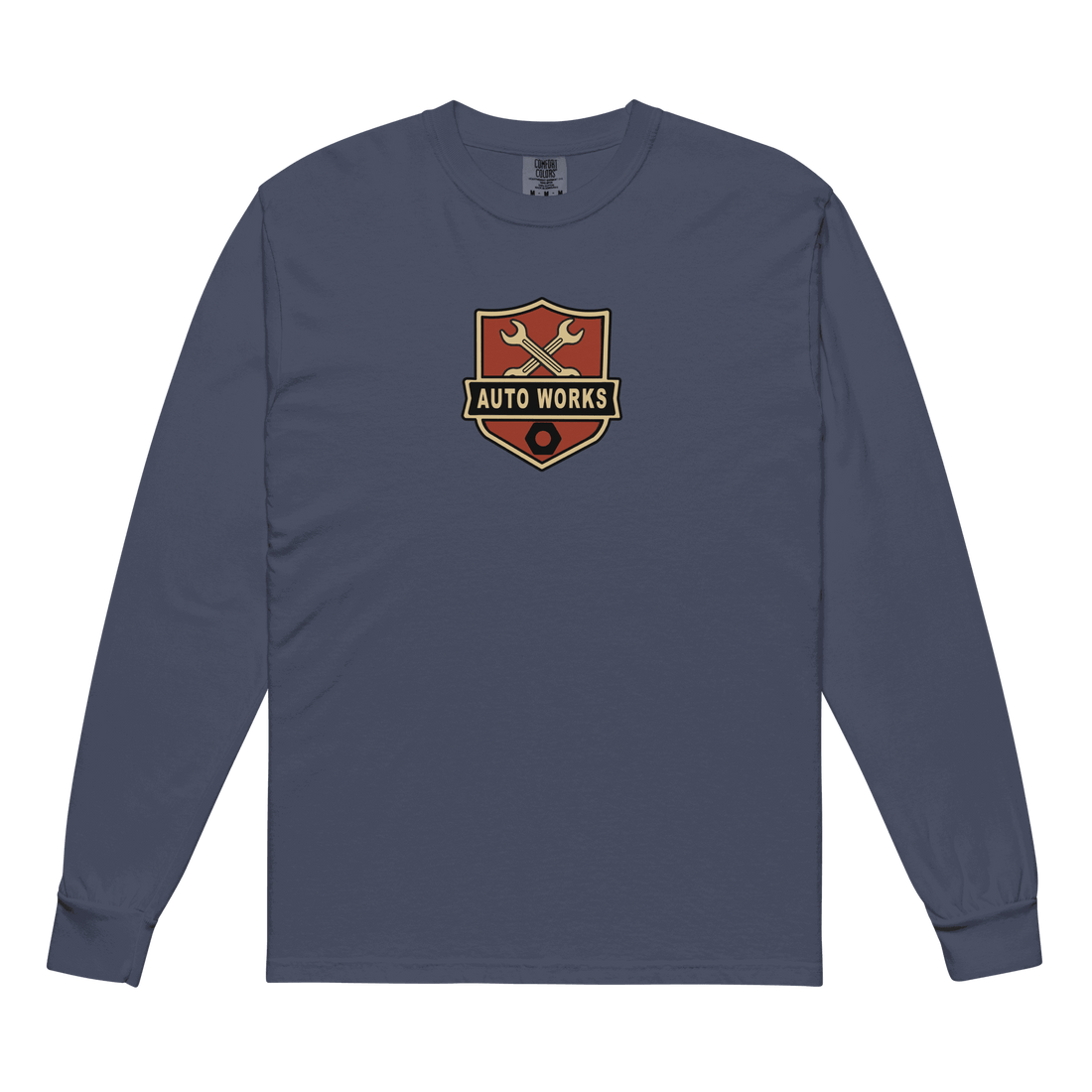 Auto Works long sleeve t-shirt in navy with automotive logo on chest, soft cotton fabric, and ribbed cuffs