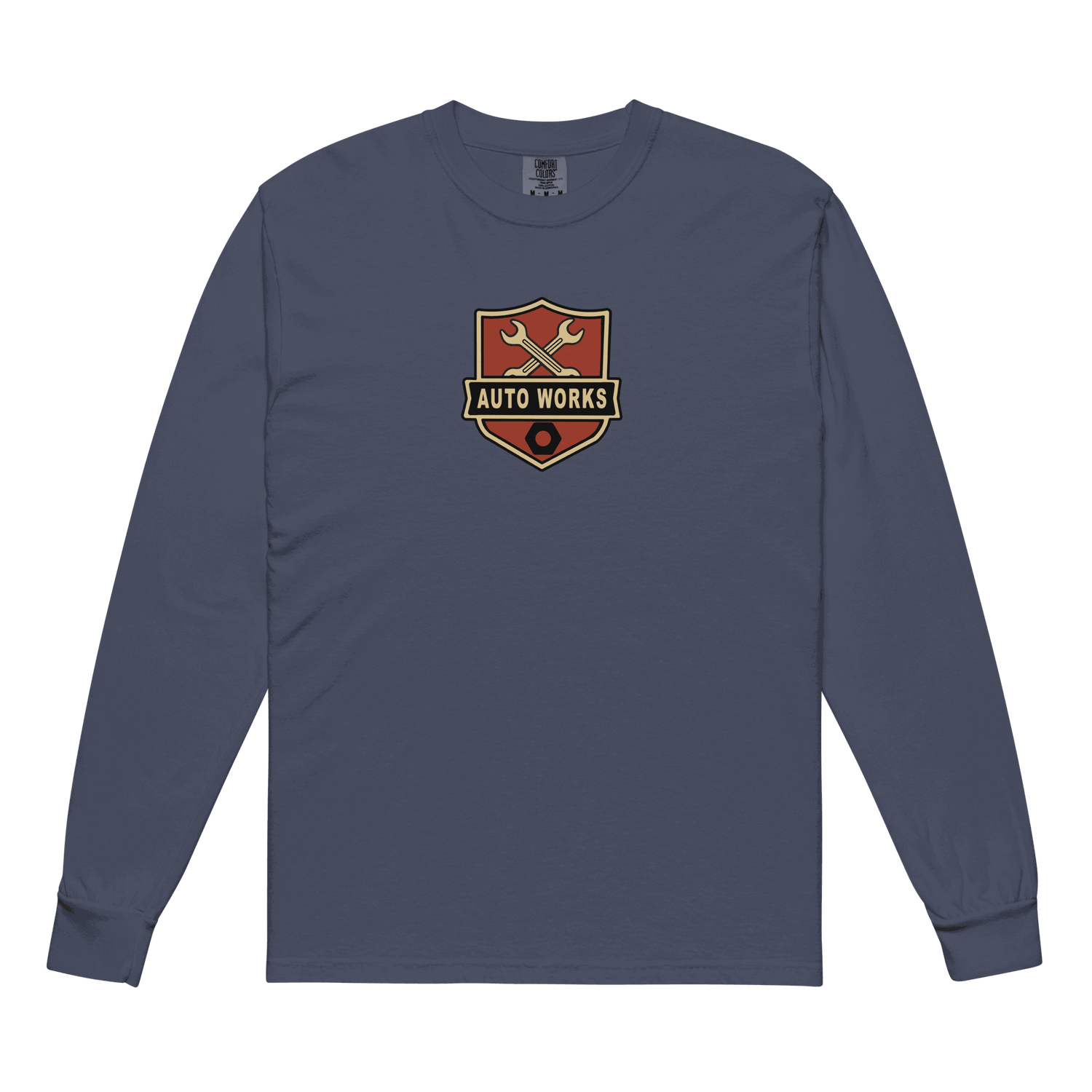Auto Works long sleeve t-shirt in navy with automotive logo on chest, soft cotton fabric, and ribbed cuffs
