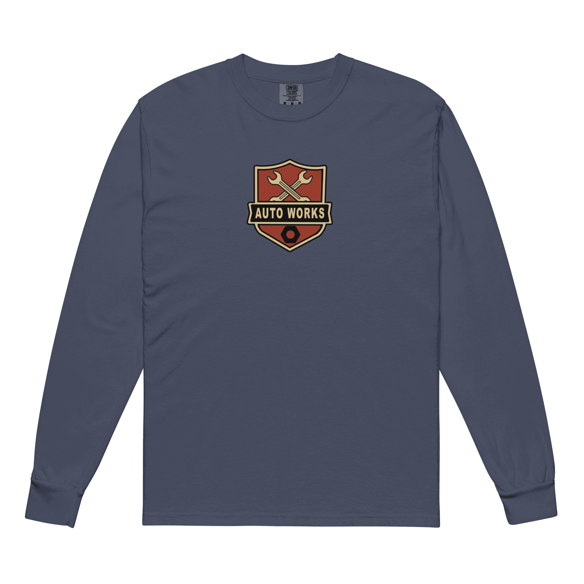 Auto Works long sleeve t-shirt in navy with automotive logo on chest, soft cotton fabric, and ribbed cuffs