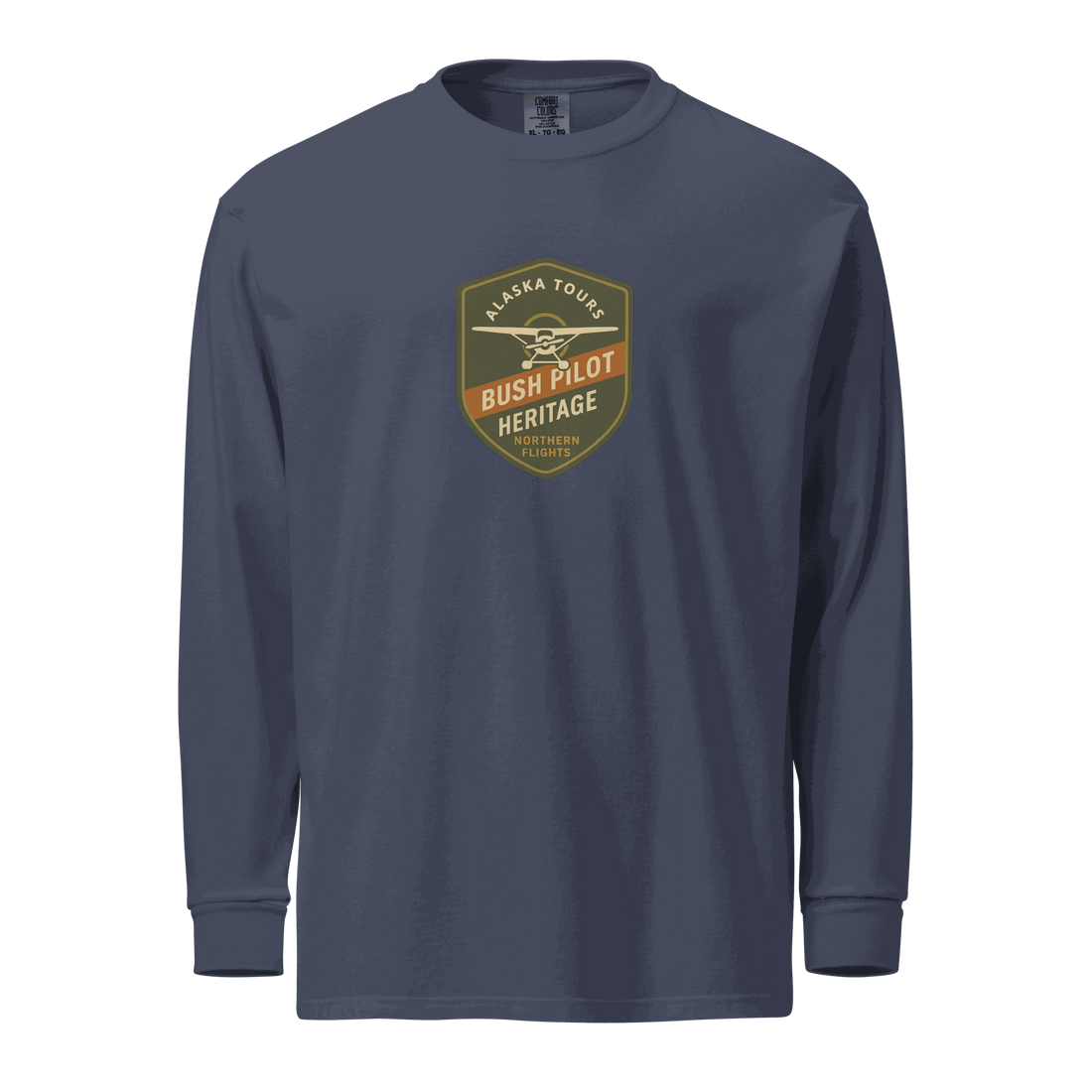 Aviation Bush Pilot unisex long-sleeve shirt in navy, garment-dyed heavyweight cotton with vintage Alaska Tours graphic.