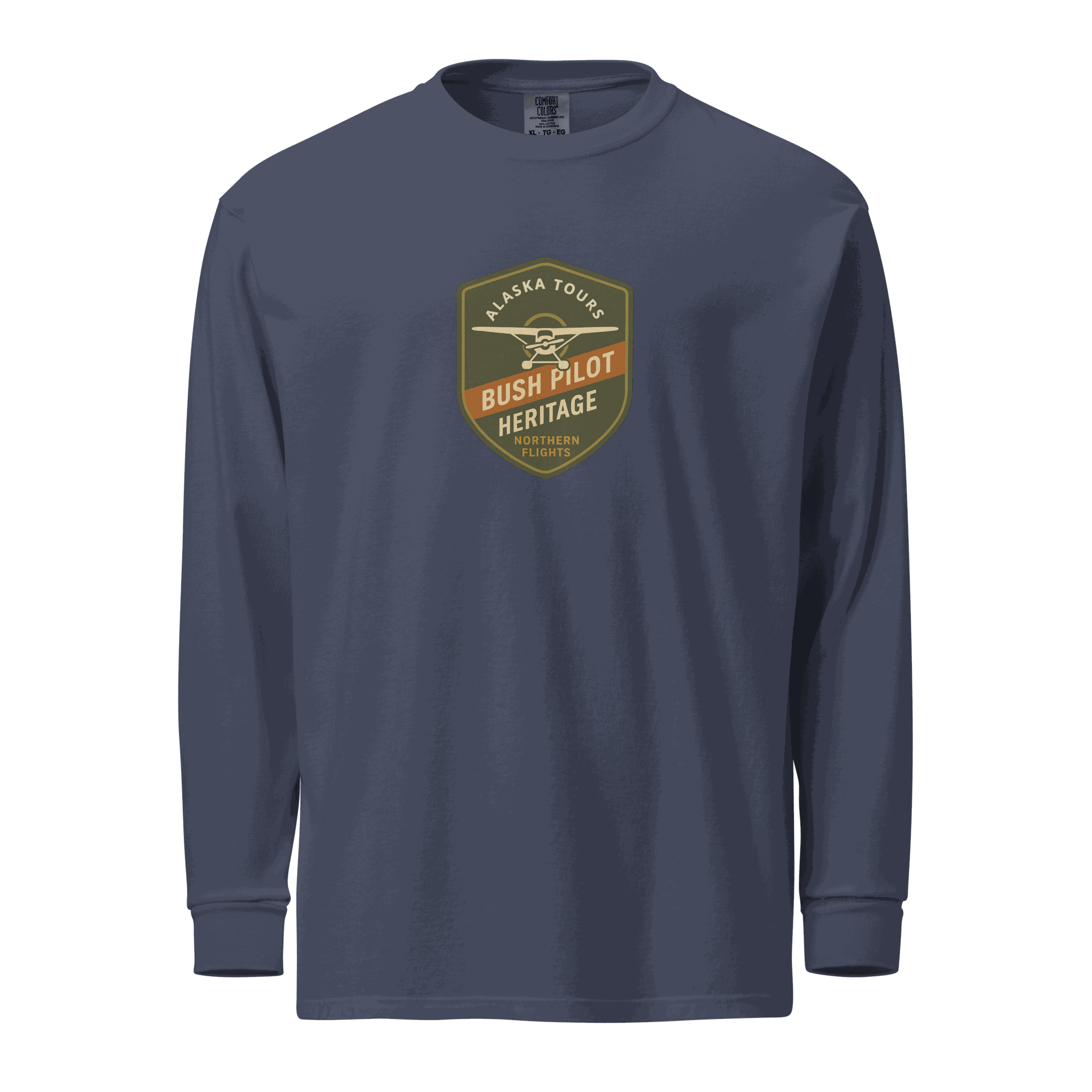 Aviation Bush Pilot unisex long-sleeve shirt in navy, garment-dyed heavyweight cotton with vintage Alaska Tours graphic.