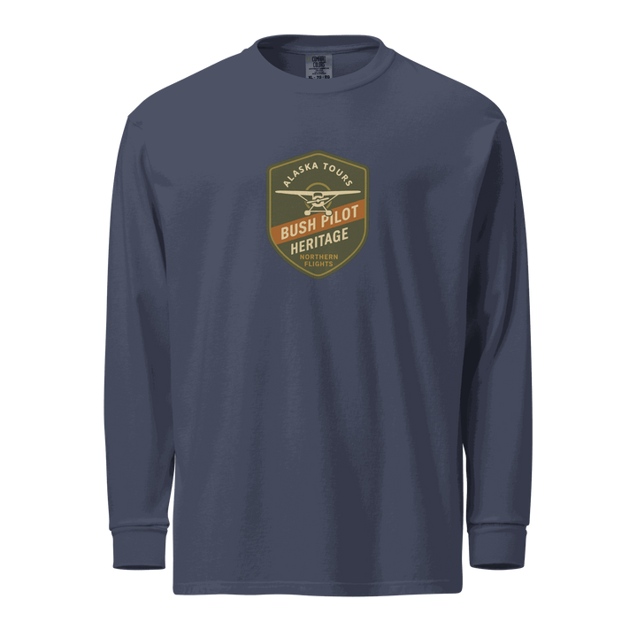 Aviation Bush Pilot unisex long-sleeve shirt in navy, garment-dyed heavyweight cotton with vintage Alaska Tours graphic.