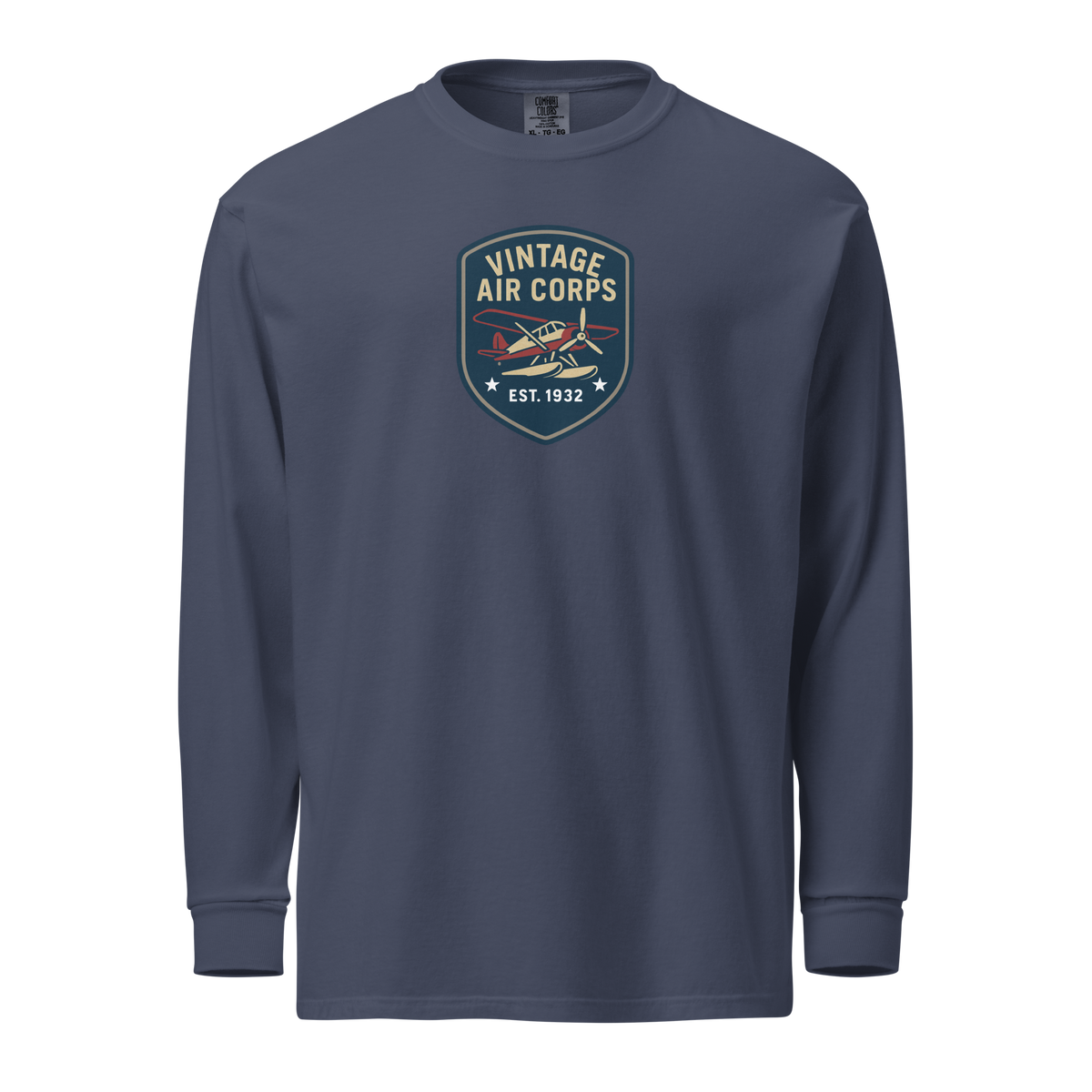 Vintage Aviation Long Sleeve Shirt with retro pilot graphic on navy blue cotton tee