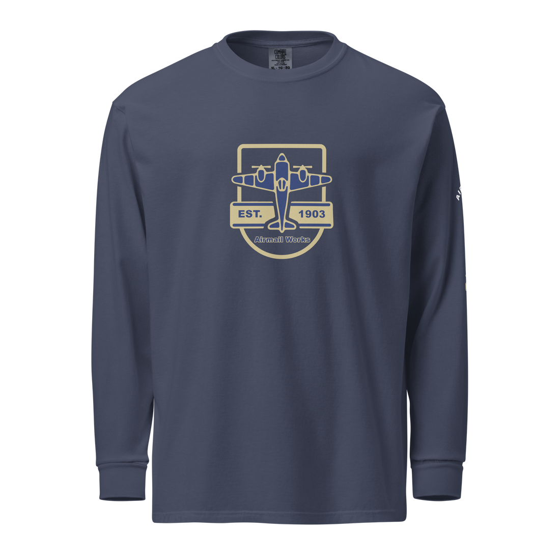 Vintage Aviation long sleeve shirt in navy blue with airplane graphic and durable heavyweight cotton fabric