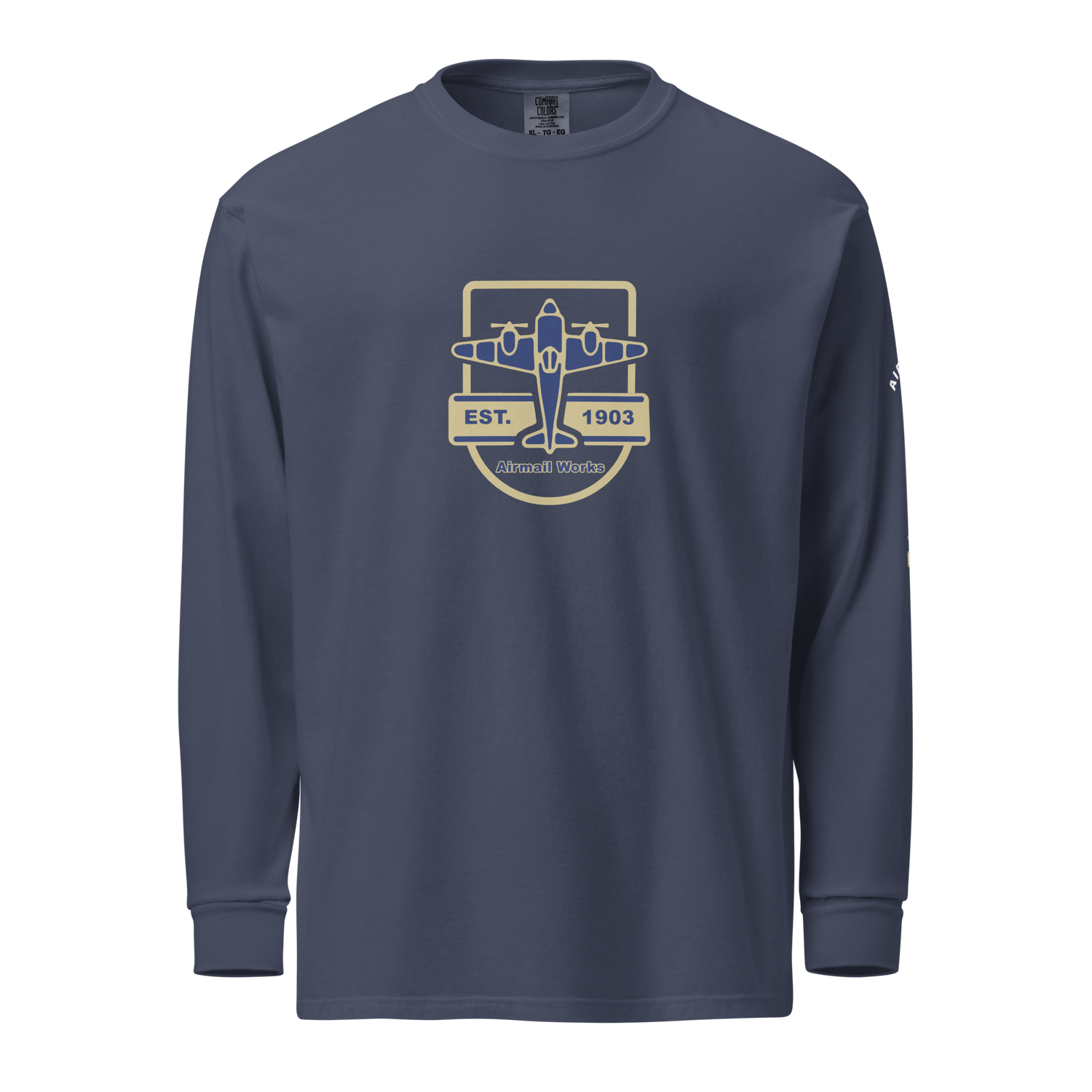 Vintage Aviation long sleeve shirt in navy blue with airplane graphic and durable heavyweight cotton fabric