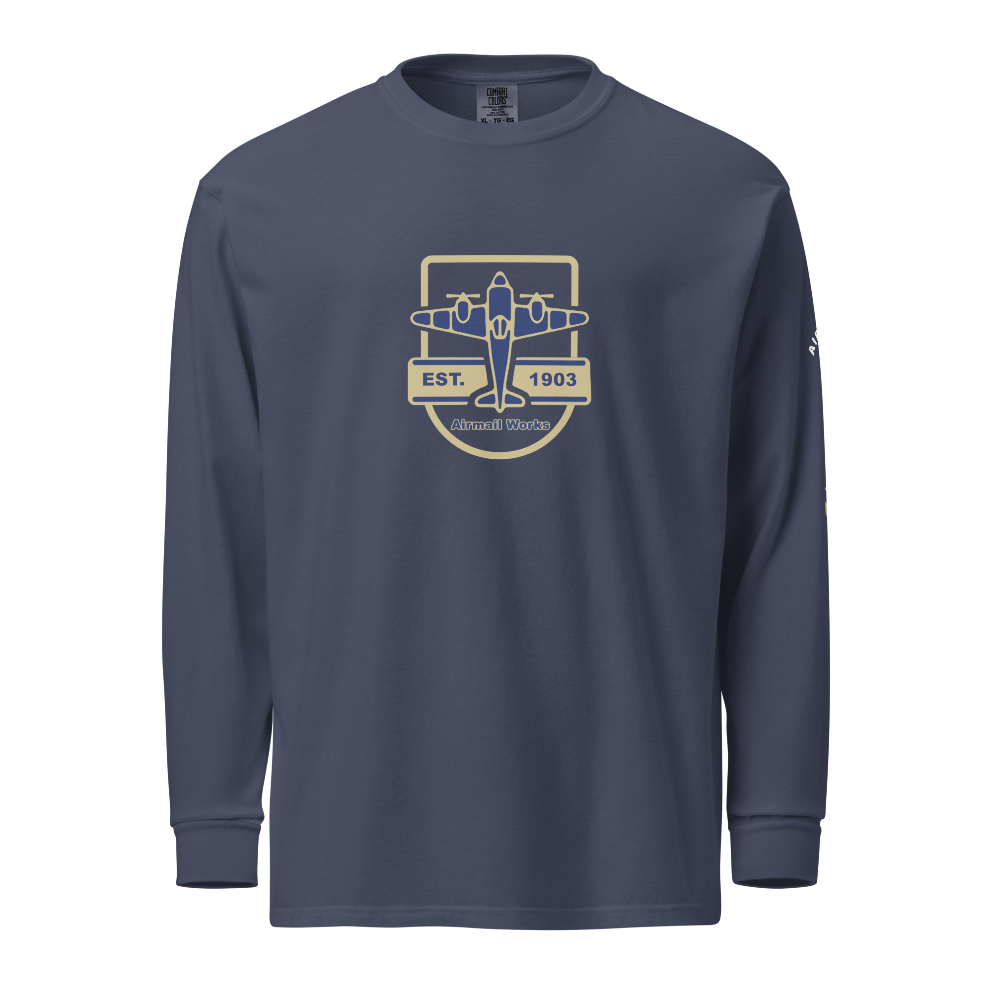 Vintage Aviation long sleeve shirt in navy blue with airplane graphic and durable heavyweight cotton fabric