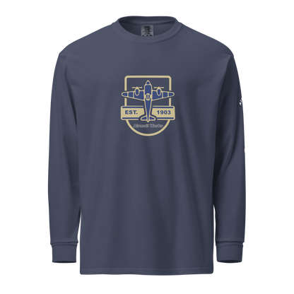 Vintage Aviation long sleeve shirt in navy blue with airplane graphic and durable heavyweight cotton fabric