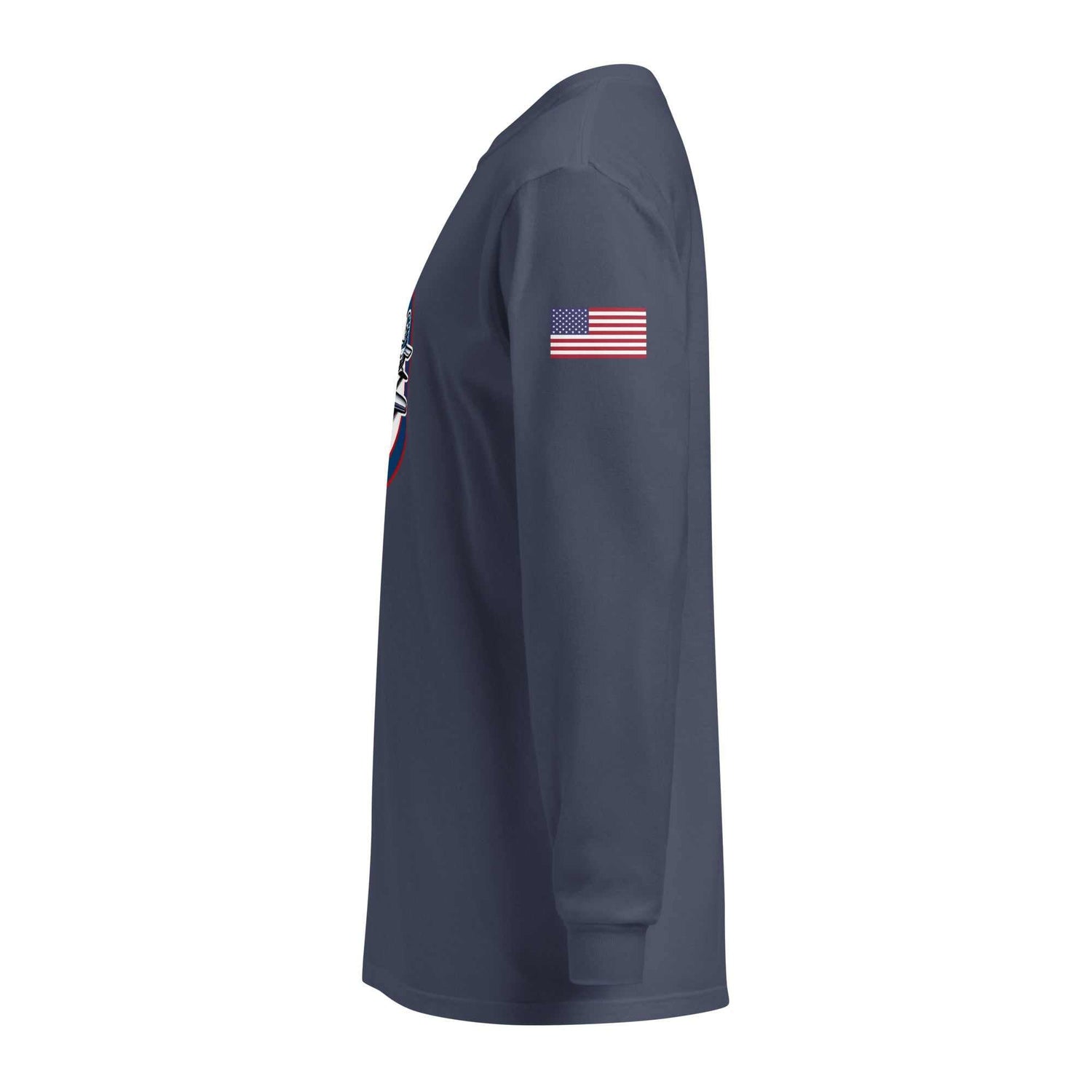 USA Plane 1 navy blue unisex long sleeve shirt with American flag patch on sleeve and relaxed fit