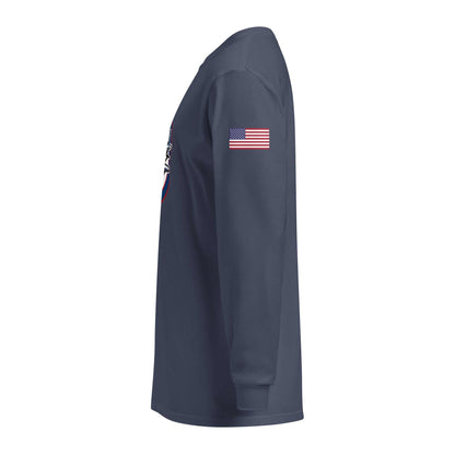 USA Plane 1 navy blue unisex long sleeve shirt with American flag patch on sleeve and relaxed fit