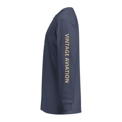 Navy vintage aviation long sleeve shirt with retro pilot graphic and "VINTAGE AVIATION" text on sleeve