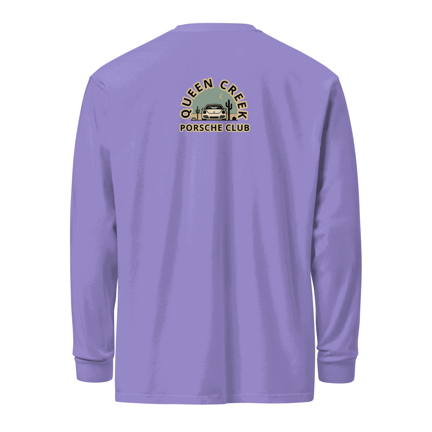 Queen Creek Porsche Club heavyweight long-sleeve shirt in purple with logo on back, garment-dyed cotton fabric, relaxed fit