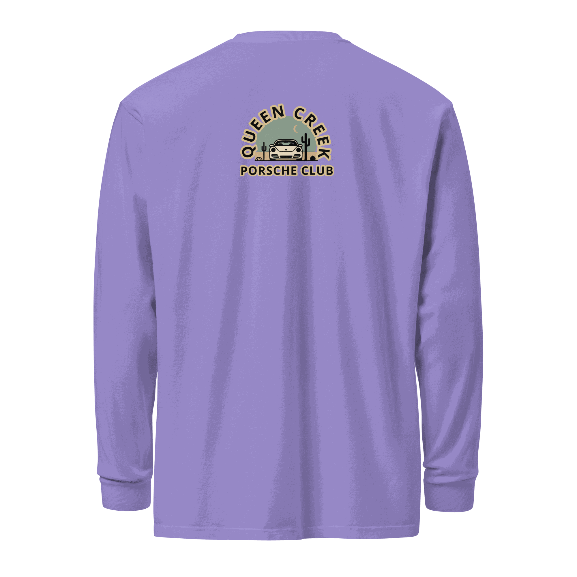 Queen Creek Porsche Club heavyweight long-sleeve shirt in purple with logo on back, garment-dyed cotton fabric, relaxed fit