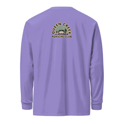 Queen Creek Porsche Club heavyweight long-sleeve shirt in purple with logo on back, garment-dyed cotton fabric, relaxed fit