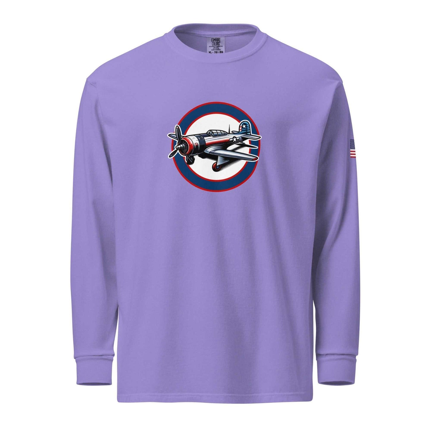 USA Plane 1 purple long sleeve shirt with vintage plane graphic and American flag patch on sleeve
