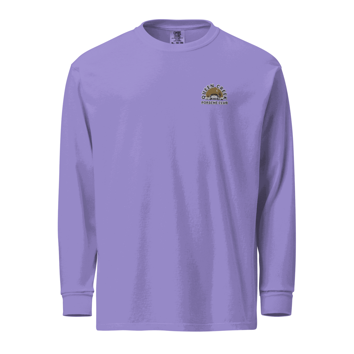 Queen Creek Porsche Club heavyweight long-sleeve purple shirt with logo, 100% cotton, relaxed fit, pre-shrunk and durable fabric