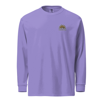 Queen Creek Porsche Club heavyweight long-sleeve purple shirt with logo, 100% cotton, relaxed fit, pre-shrunk and durable fabric