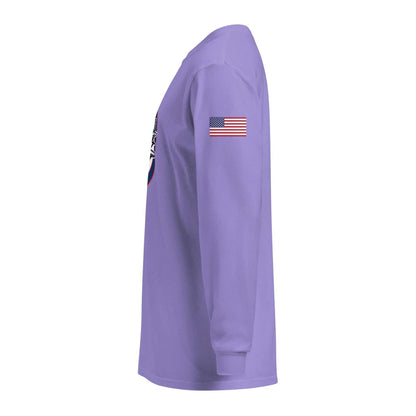 USA Plane 1 unisex garment-dyed purple long sleeve shirt with American flag patch on sleeve
