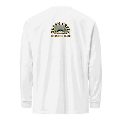 White heavyweight long-sleeve Queen Creek Porsche Club shirt with logo on back