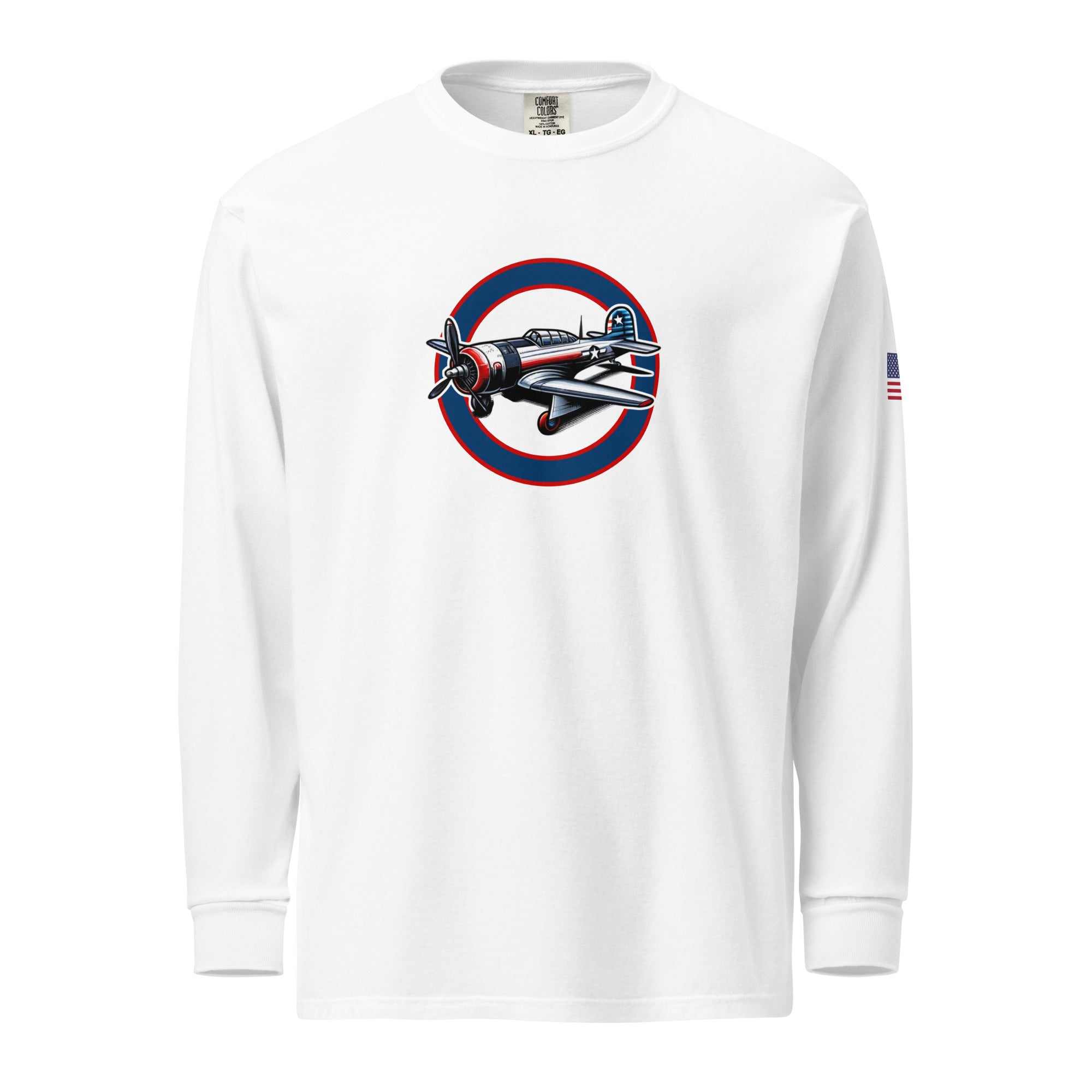 White USA Plane 1 unisex long sleeve shirt with vintage airplane graphic and American flag on sleeve