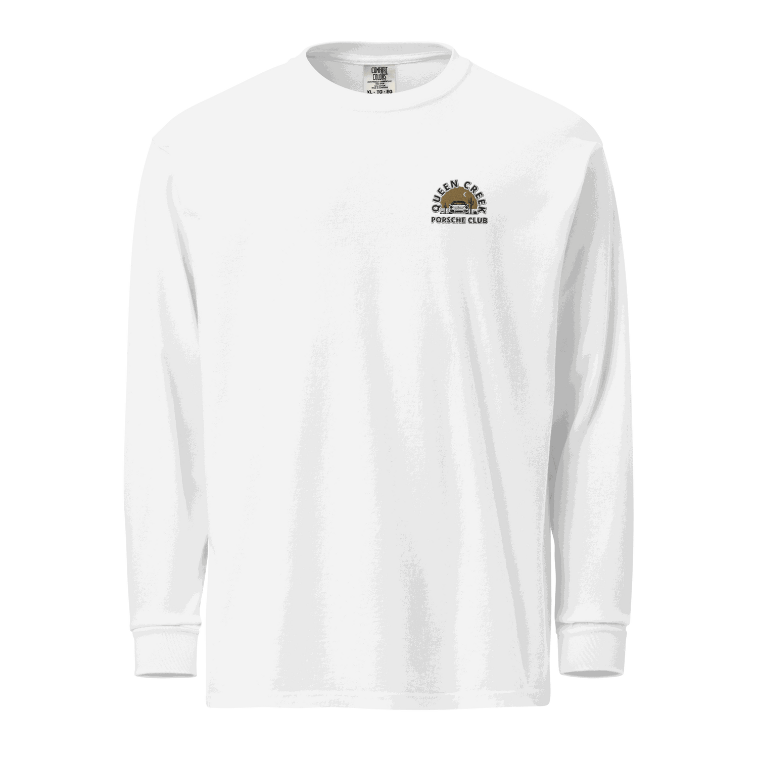 Queen Creek Porsche Club white heavyweight long-sleeve shirt with logo, garment-dyed cotton, relaxed fit