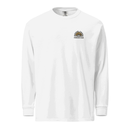 Queen Creek Porsche Club white heavyweight long-sleeve shirt with logo, garment-dyed cotton, relaxed fit