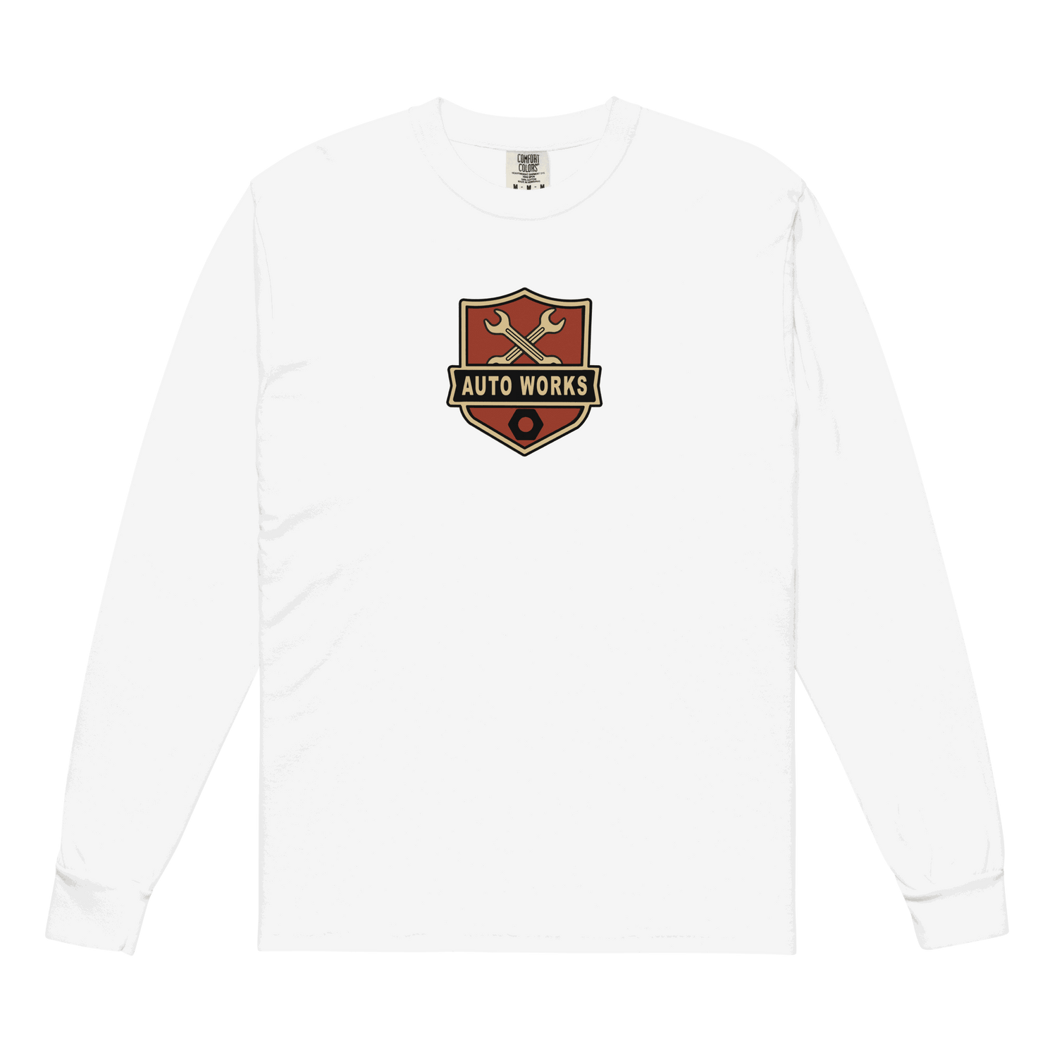 White Auto Works Long Sleeve T-Shirt with automotive logo on chest, made from 100% cotton, relaxed fit and durable fabric