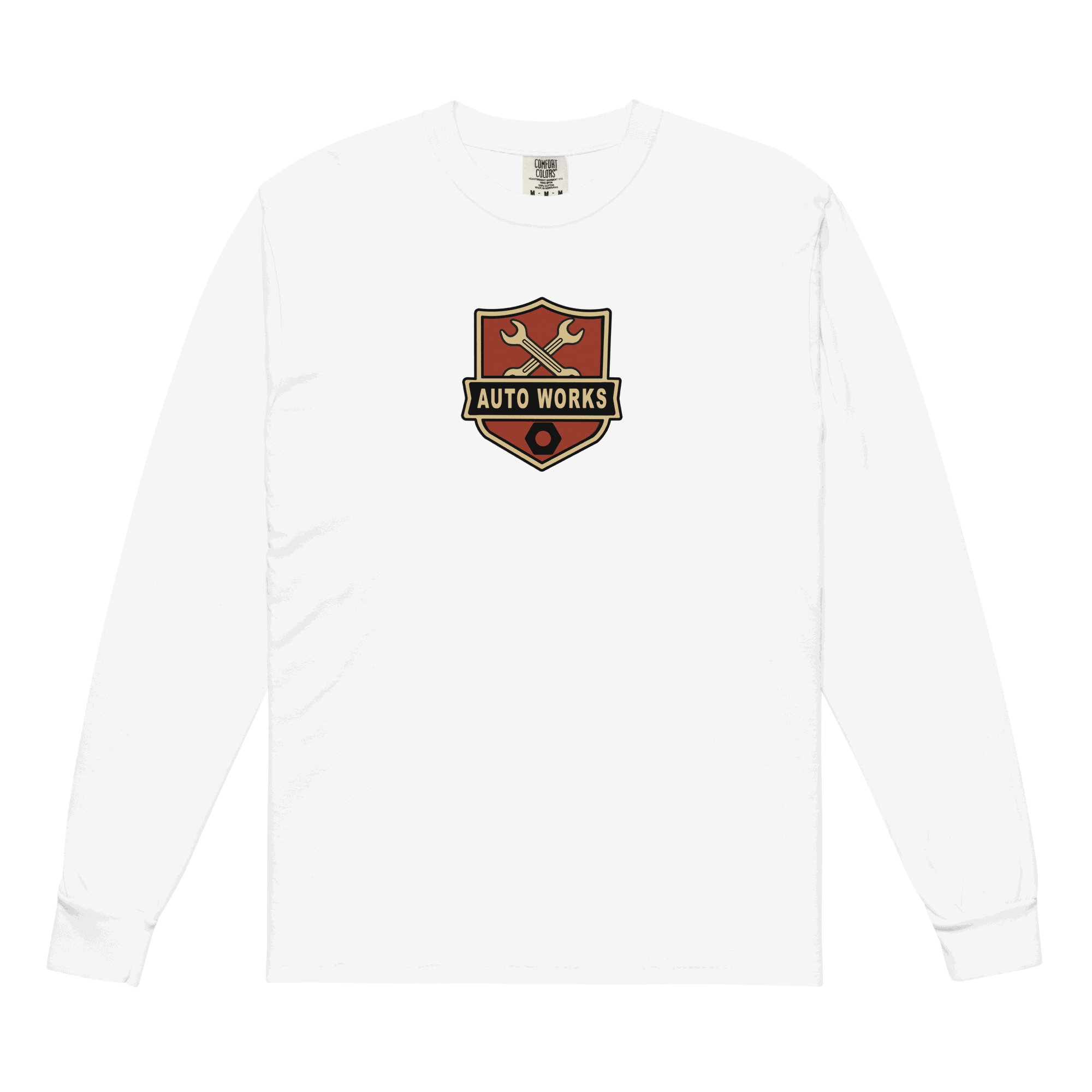 White Auto Works Long Sleeve T-Shirt with automotive logo on chest, made from 100% cotton, relaxed fit and durable fabric