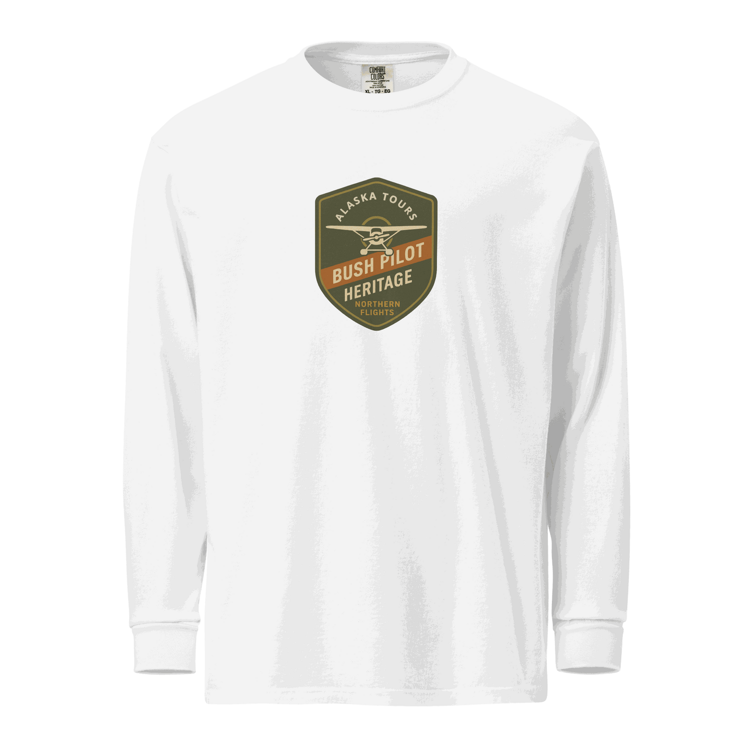 White Aviation Bush Pilot long-sleeve shirt with Alaska Tours logo, heavyweight cotton, relaxed fit, rib cuffs, and garment-dyed fabric