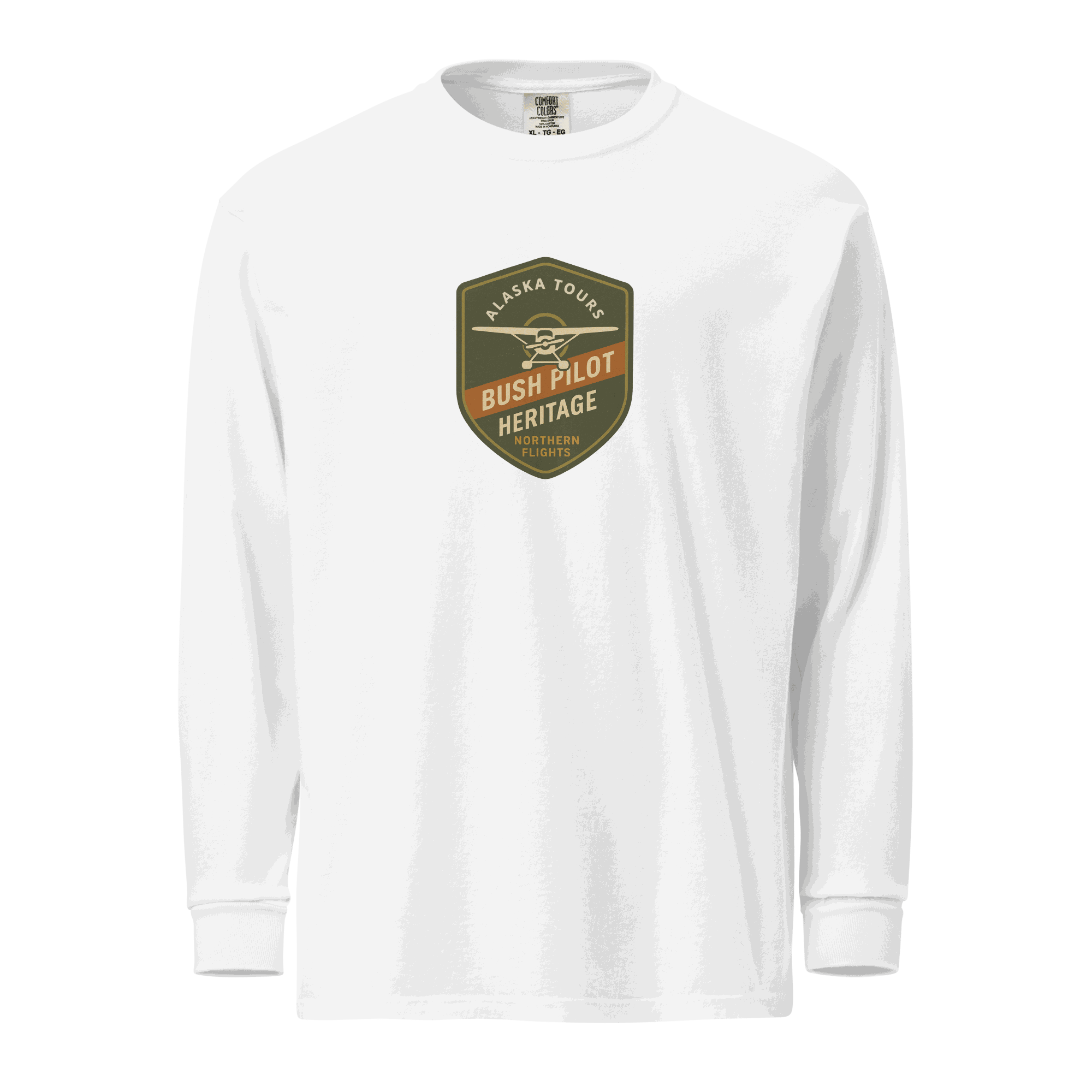 White Aviation Bush Pilot long-sleeve shirt with Alaska Tours logo, heavyweight cotton, relaxed fit, rib cuffs, and garment-dyed fabric