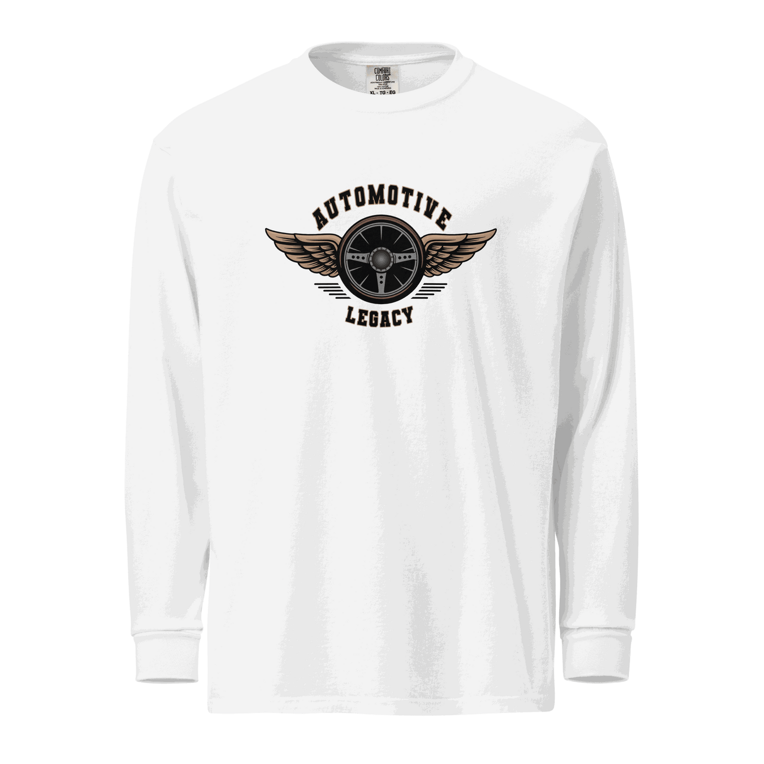 White Automotive Legacy long sleeve shirt with winged steering wheel logo, made from heavyweight 100% ring-spun cotton fabric