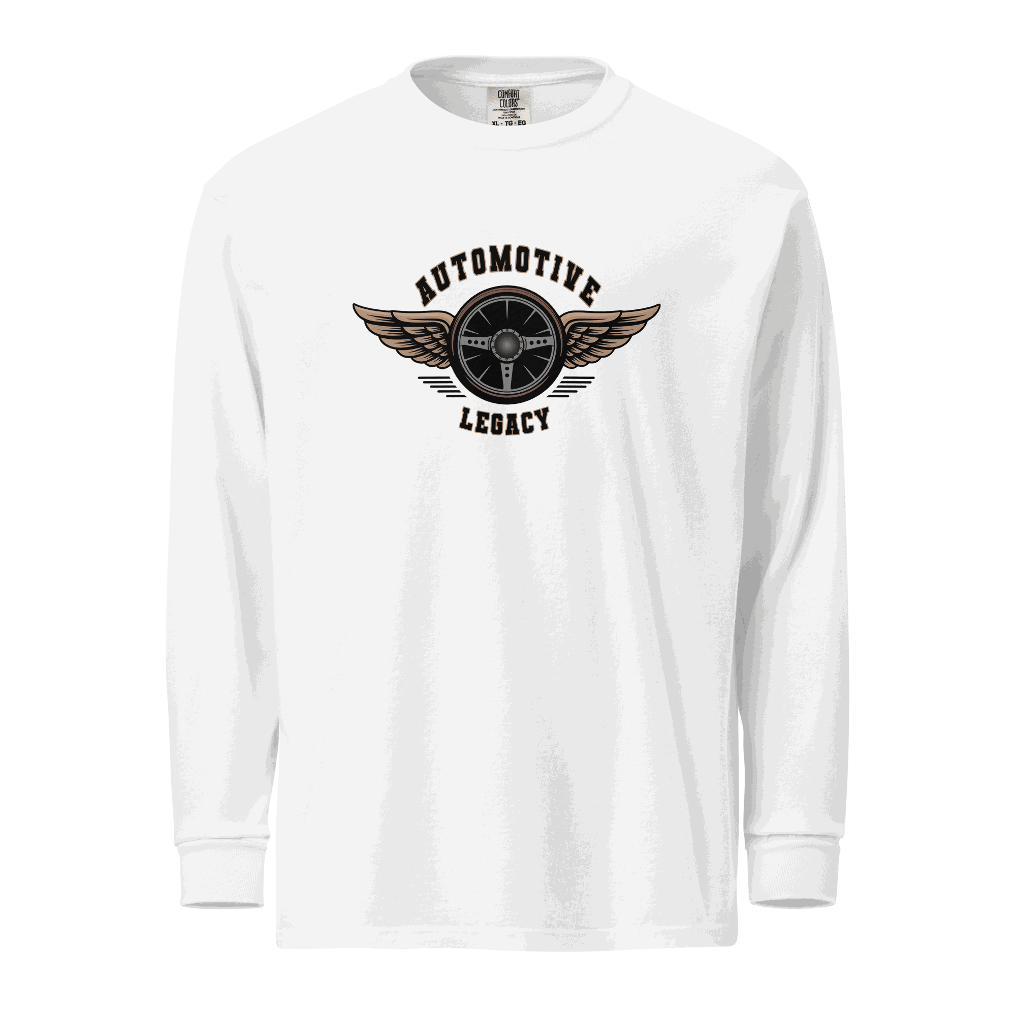 White Automotive Legacy long sleeve shirt with winged steering wheel logo, made from heavyweight 100% ring-spun cotton fabric