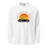 White garment-dyed long sleeve shirt with vintage car and sunset graphic and "Chase Sunsets Not Shadows" text