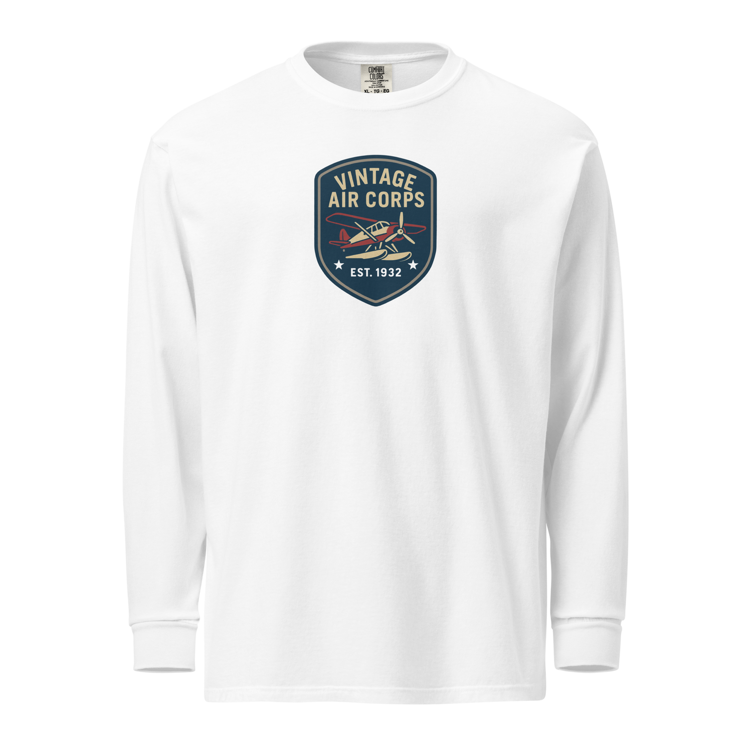 White vintage aviation long sleeve shirt with retro pilot graphic and "Vintage Air Corps" emblem on chest