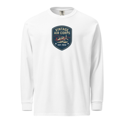 White vintage aviation long sleeve shirt with retro pilot graphic and "Vintage Air Corps" emblem on chest