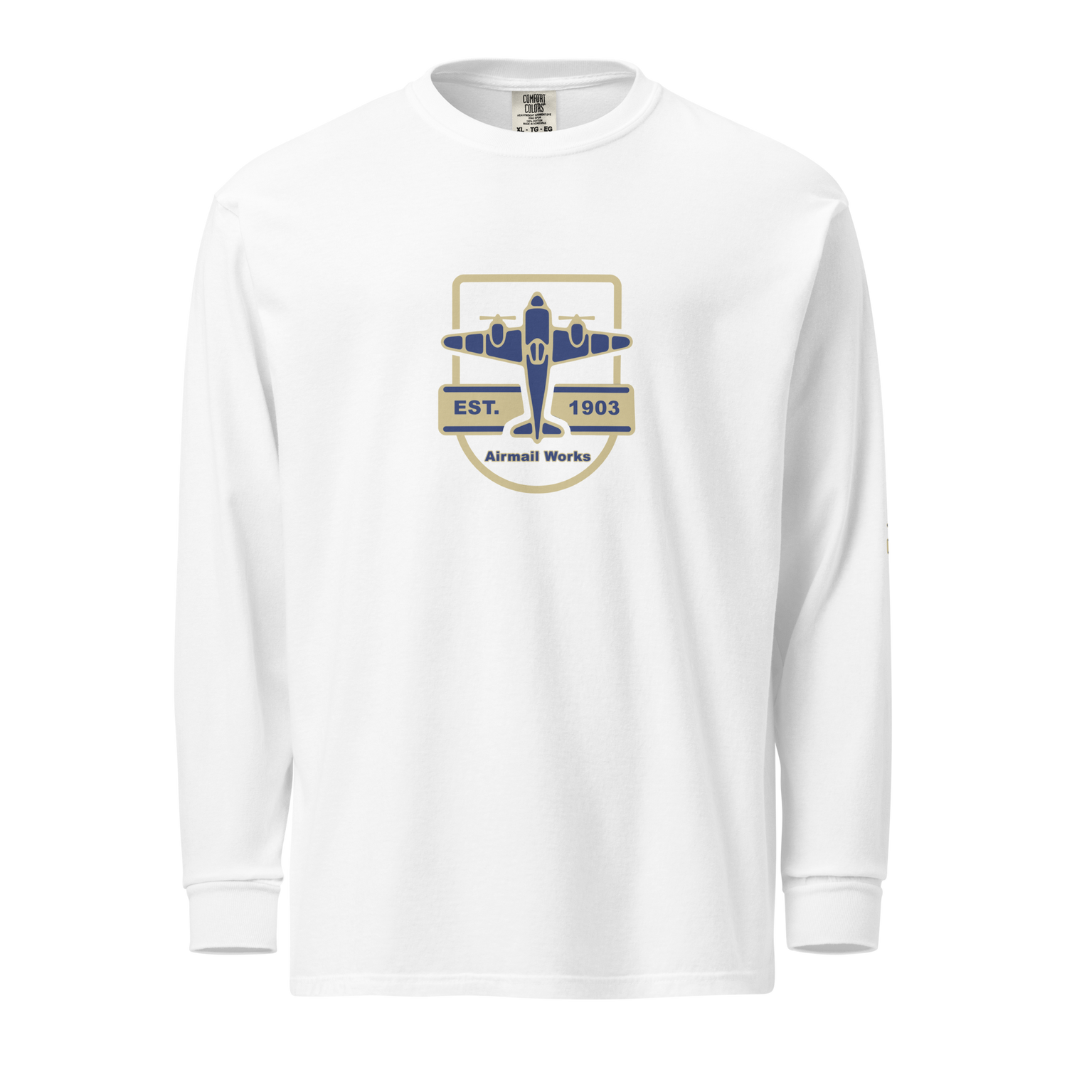 White Vintage Aviation long sleeve shirt with airplane logo and "EST. 1903" text, made of heavyweight garment-dyed cotton