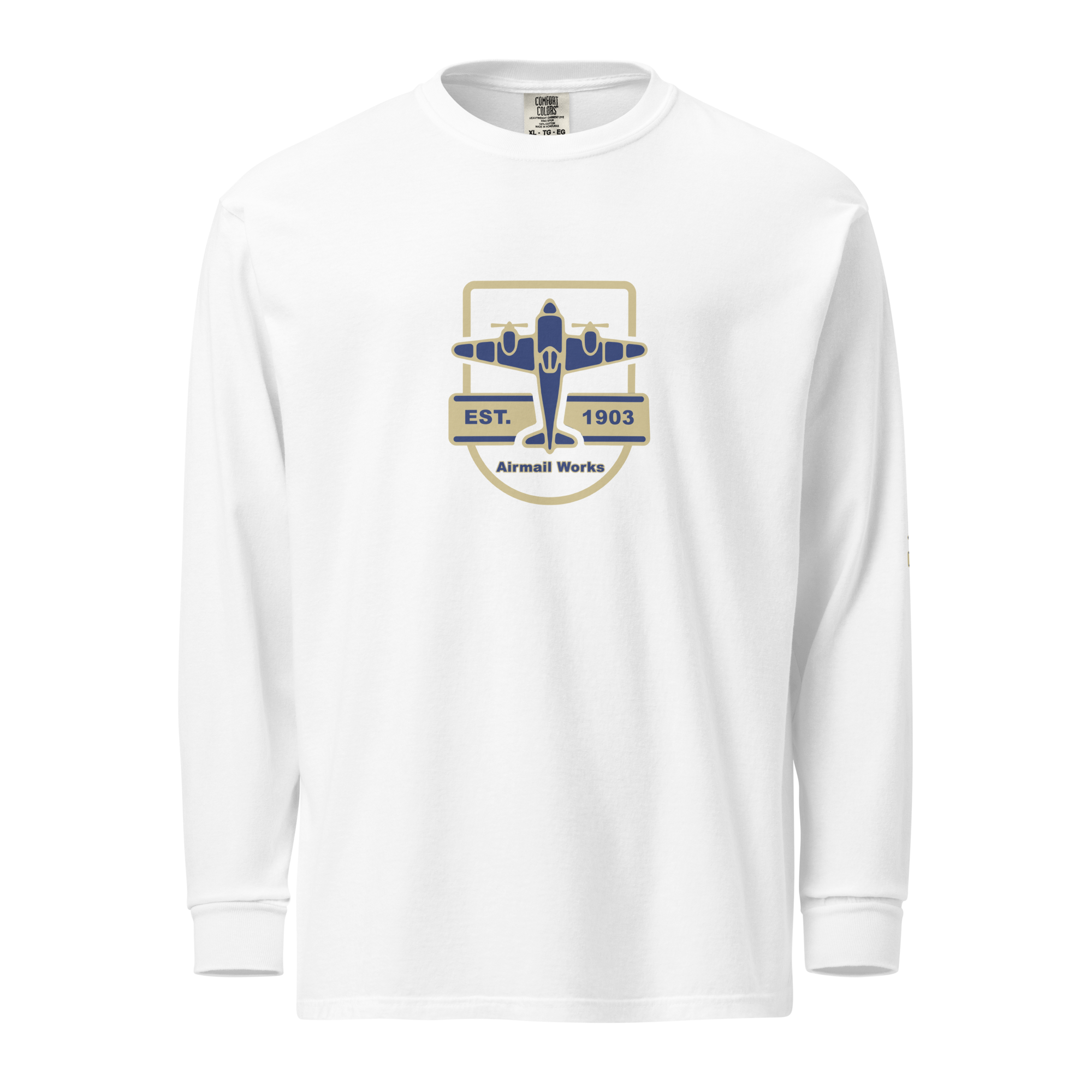 White Vintage Aviation long sleeve shirt with airplane logo and "EST. 1903" text, made of heavyweight garment-dyed cotton