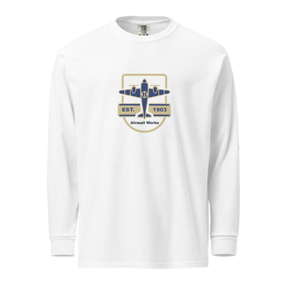 White Vintage Aviation long sleeve shirt with airplane logo and "EST. 1903" text, made of heavyweight garment-dyed cotton