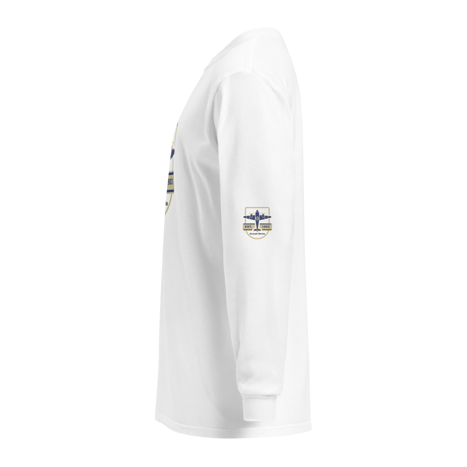 White Vintage Aviation long sleeve shirt with durable heavyweight fabric and aircraft emblem on sleeve.